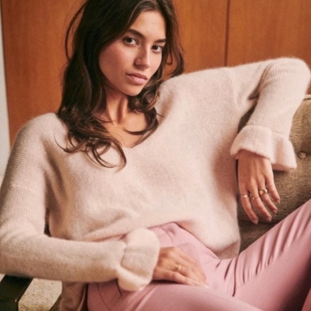 SÉZANE Fride Nude Pink Mohair Ruffle Sleeve Oversized French Sweater XS